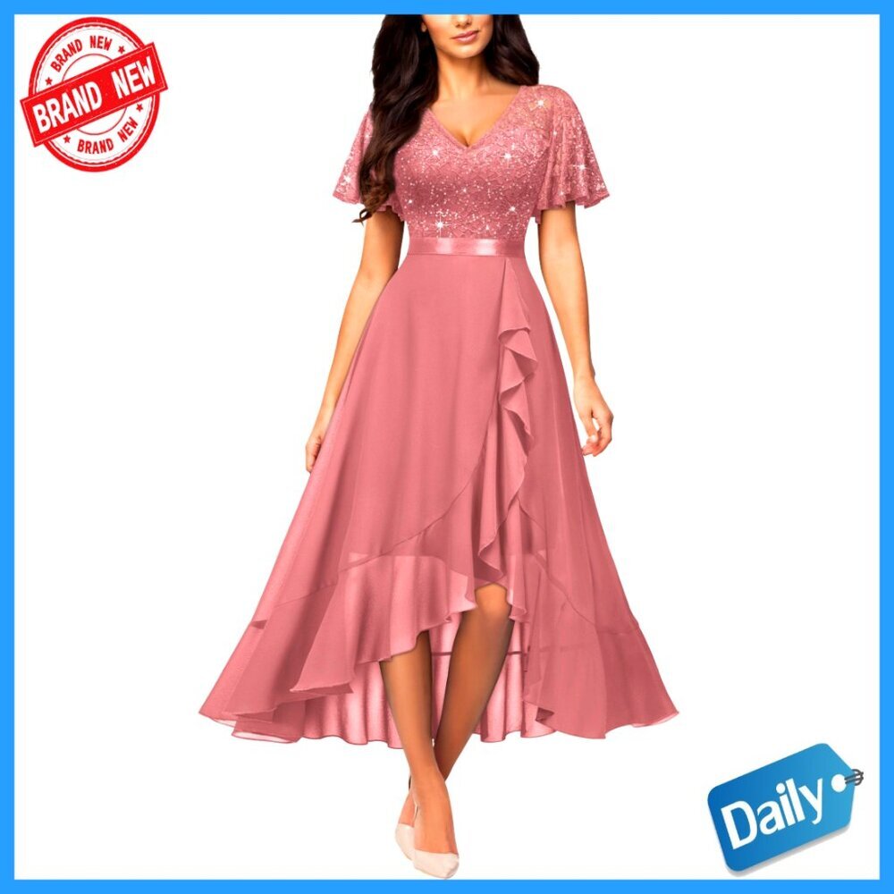 V-Neck Butterfly Sleeve Sequined Lace Ruffle Split Formal Dress Elegant Party
